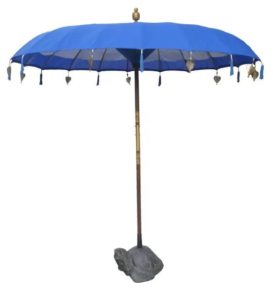 Product image 1 of the product “Bali umbrella , turquoise with wooden coins and gold leaves hanging around the edge. Approx. 230cm dia. and 250cm height ”
